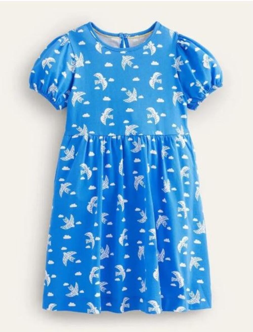 Mini Boden Puff Sleeve Jersey Dress in Cabana Blue Birds size 5-6